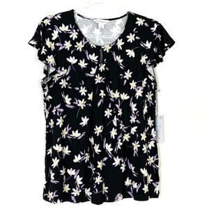 Liz Claiborne | Black Ditsy Floral Top Ruffle Sleeve Rayon Blend NWT Womens
